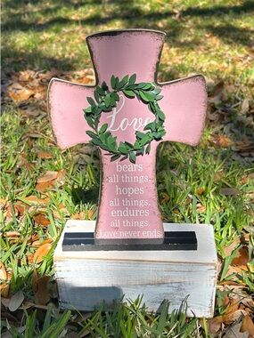 5/$25 Love Wooden Cross with Green Wreath - Faith Decor